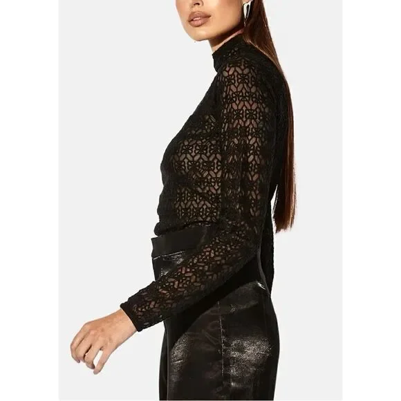 RtA Embroidered Mesh Mock Neck Long Sleeve Black Blouse Top Sz 10 NWT - Picture 8 of 9